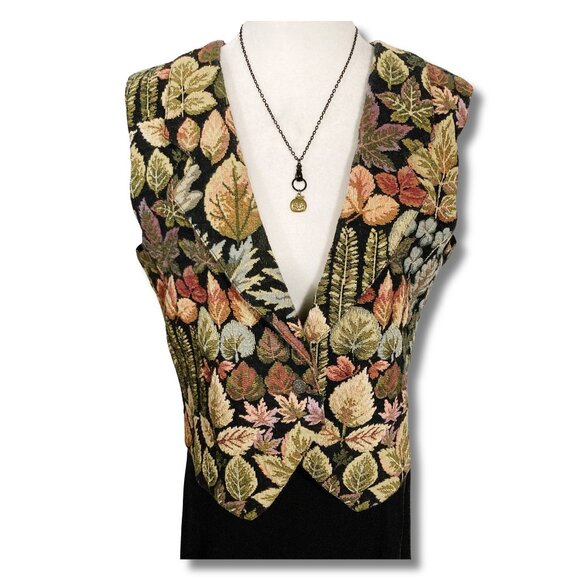 DEBORAH MURRAY Fall leaves woven tapestry vest ~ Vintage MEDIUM LARGE waistcoat - Picture 1 of 14